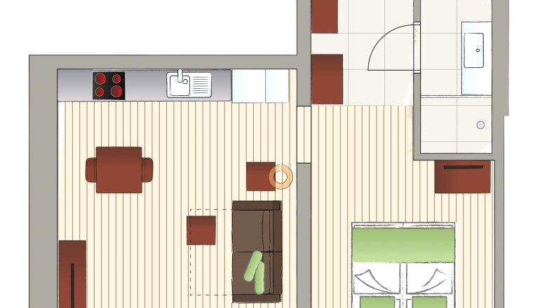 Grundriss einer kleinen Wohnung mit Wohnbereich, Küche, Bad und Schlafzimmer.