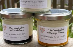 Drei Gl&auml;ser Bio-Cremejoghurt mit verschiedenen Geschmacksrichtungen auf einem Holztisch.