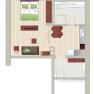 Grundriss einer Wohnung mit Schlafzimmer, Wohnzimmer, Küche und Bad.