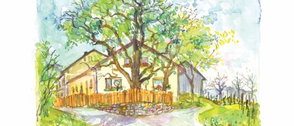 Watercolor of a traditional wine tavern with trees and garden.