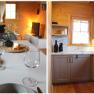 Cozy kitchen and dining area in a wooden house with modern furnishings and warm light.