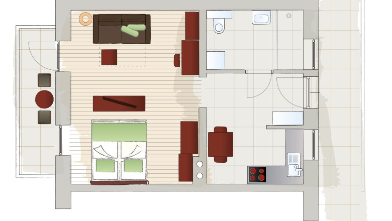 Grundriss einer Wohnung mit Wohnzimmer, Schlafzimmer, Küche, Bad und Balkon.