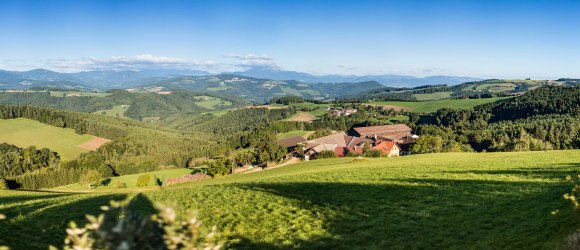 Ausblick von der Ebenhofer Höhe in Edlitz über die Hügellandschaft bis zum Schneeberg, © Wiener Alpen