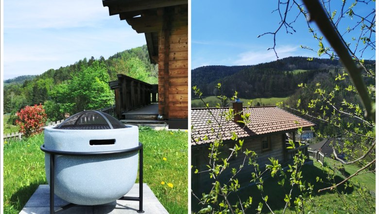 Two pictures of a garden with a wooden house and a fire bowl.