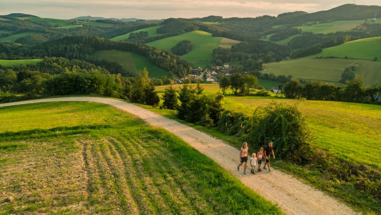 Eltern und zwei Kinder wandern am Rosalia Rundwanderweg am Waldesrand