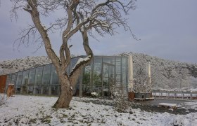 A modern orangery in winter, surrounded by snow-covered trees and hills.