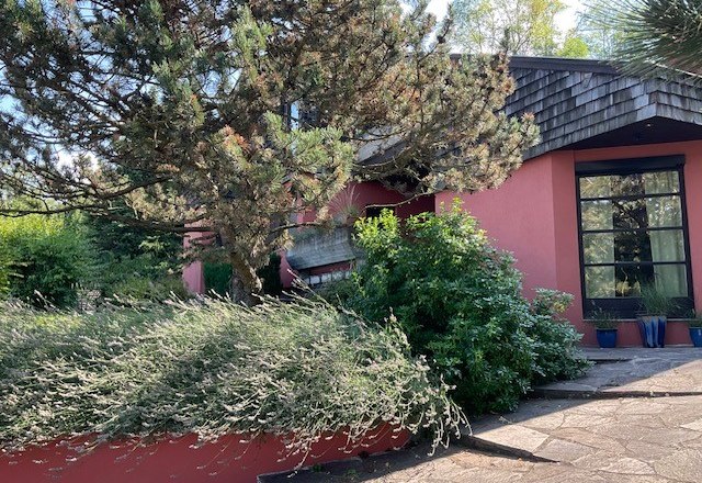 Ein modernes Haus mit roter Fassade, umgeben von B&auml;umen und Str&auml;uchern.