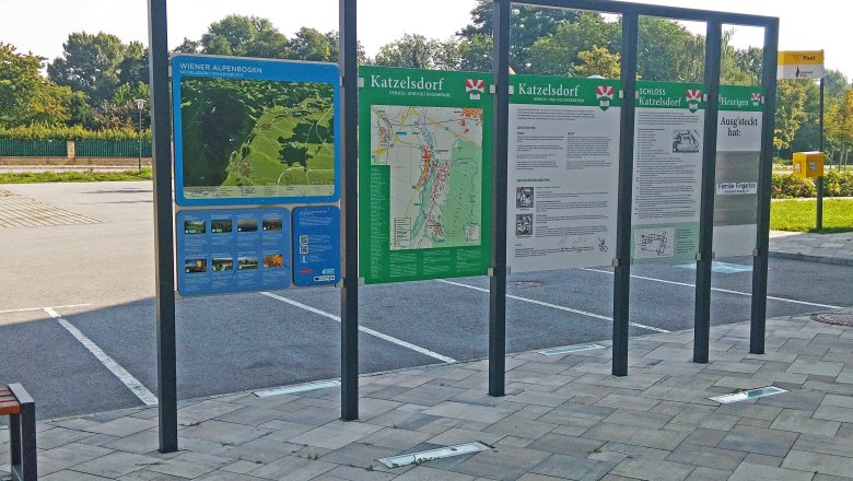 Informationstafeln am Wanderstartplatz Schloss Katzelsdorf.